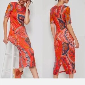 Paisley Print Midi Dress - Red and Orange